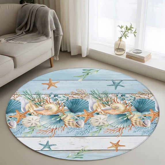 Round Rugs 3.3Ft, Blue Beach Coastal Round Area Rug Washable Indoor Throw Carpet, Nautical Shell Starfish Coral Summer Soft Non Slip Circle Rug for Laundry Room Patio Home Decor Aesthetic