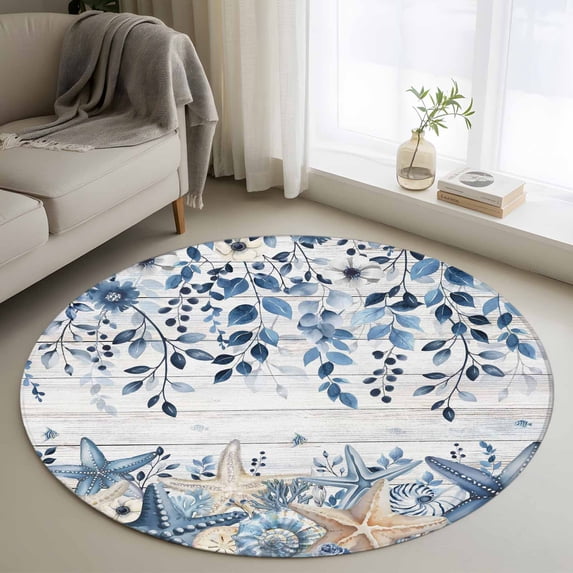 Round Rugs 3.3Ft, Blue Coastal Starfish Round Area Rug Washable Indoor Throw Carpet, Beach Nautical Shell Eucalyptus Wooden Soft Non Slip Circle Rug for Laundry Room Patio Home Decor Aesthetic