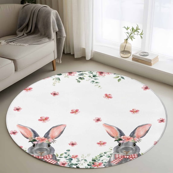 Round Rugs 3.3Ft, Bunny Easter Round Area Rug Washable Indoor Throw Carpet, Pink Spring Floral Eucalyptus Leaves Rabbits Soft Non Slip Circle Rug for Laundry Room Patio Home Decor Aesthetic