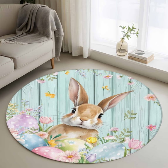 Round Rugs 3.3Ft, Easter Round Area Rug Washable Indoor Throw Carpet, Spring Rabbit Eggs Flowers Leaf Green Wooden Plank Soft Non Slip Circle Rug for Laundry Room Patio Home Decor Aesthetic
