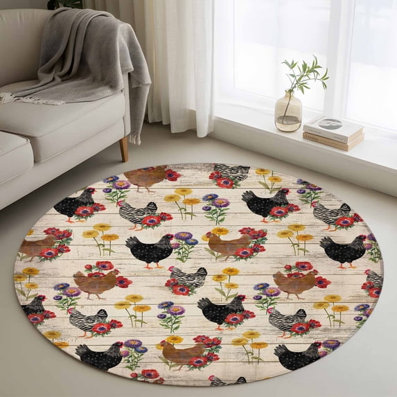 Round Rugs 3.3Ft, Farmhouse Rooster Round Area Rug Washable Indoor Throw Carpet, Vintage Watercolor Flowers Wood Grain Soft Non Slip Circle Rug for Laundry Room Patio Home Decor Aesthetic