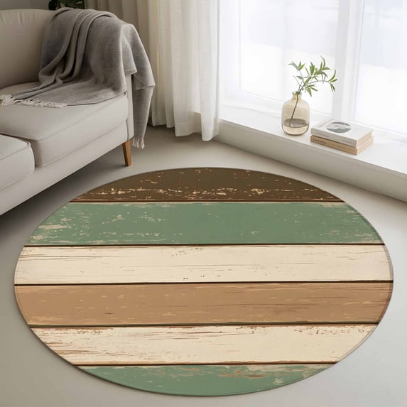 Round Rugs 3.3Ft, Farmhouse Sage Green Brown Round Area Rug Washable Indoor Throw Carpet, Country Vintage Wooden Soft Non Slip Circle Rug for Laundry Room Patio Home Decor Aesthetic