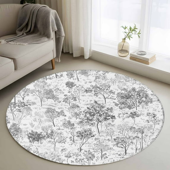 Round Rugs 3.3Ft, Gray Botanical Round Area Rug Washable Indoor Throw Carpet, Watercolor Spring Floral Summer Soft Non Slip Circle Rug for Laundry Room Patio Home Decor Aesthetic