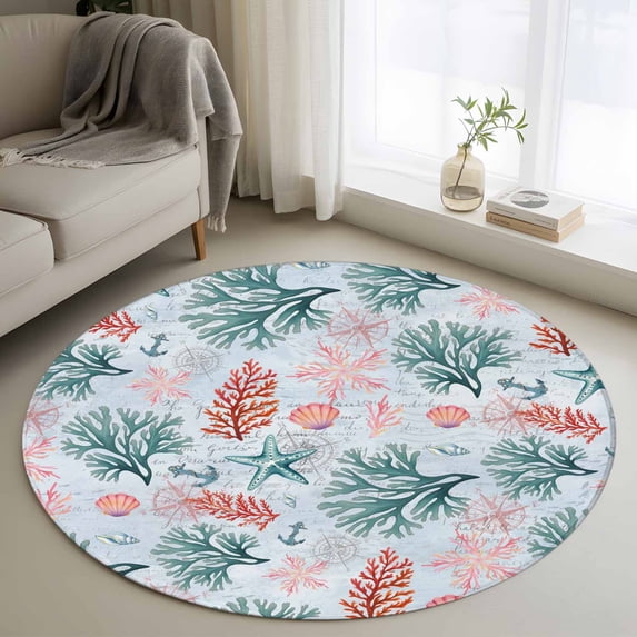 Round Rugs 3.3Ft, Green Red Coral Round Area Rug Washable Indoor Throw Carpet, Coastal Nautical Summer Beach Soft Non Slip Circle Rug for Laundry Room Patio Home Decor Aesthetic