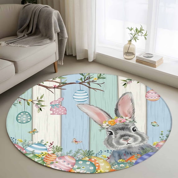 Round Rugs 3.3Ft, Happy Easter Round Area Rug Washable Indoor Throw Carpet, Spring Bunny Colorful Eggs Wooden Grain Soft Non Slip Circle Rug for Laundry Room Patio Home Decor Aesthetic
