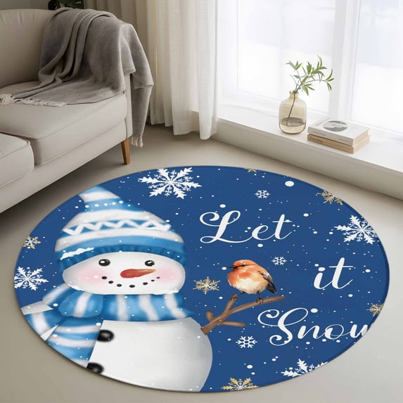 Round Rugs 3.3Ft, Navy Blue Snowman Christmas Round Area Rug Washable Indoor Throw Carpet, Xmas Snowflake Birds Soft Non Slip Circle Rug for Laundry Room Patio Home Decor Aesthetic