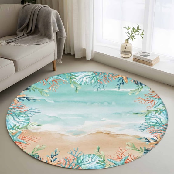 Round Rugs 3.3Ft, Ocean Coastal Round Area Rug Washable Indoor Throw Carpet, Summer Nautical Beach Coral Starfish Soft Non Slip Circle Rug for Laundry Room Patio Home Decor Aesthetic