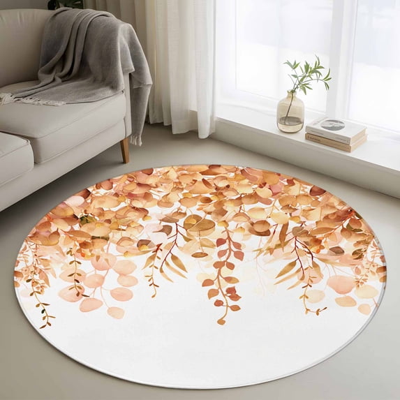 Round Rugs 3.3Ft, Orange Eucalyptus Leaves Round Area Rug Washable Indoor Throw Carpet, Spring Floral Summer Botanical Soft Non Slip Circle Rug for Laundry Room Patio Home Decor Aesthetic