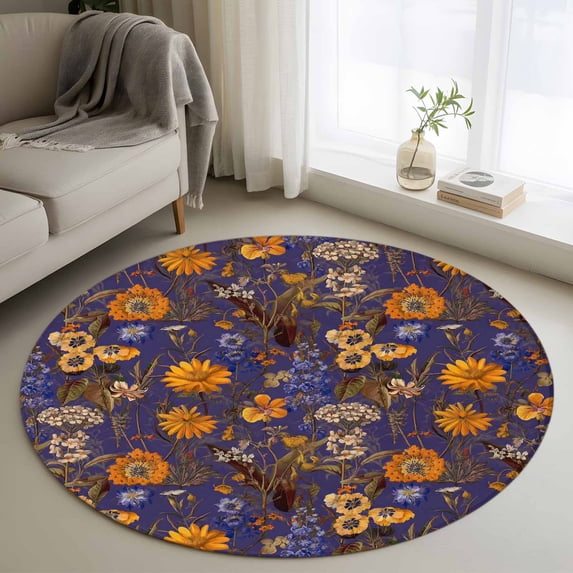 Round Rugs 3.3Ft, Orange Purple Spring Floral Round Area Rug Washable Indoor Throw Carpet, Vintage Botanical Summer Flower Soft Non Slip Circle Rug for Laundry Room Patio Home Decor Aesthetic