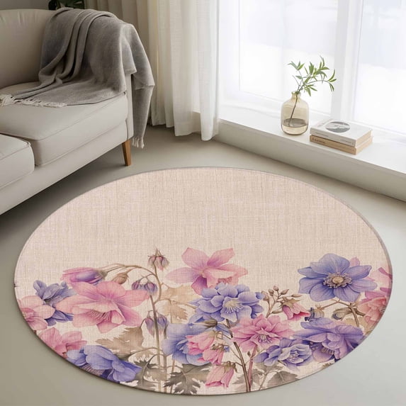Round Rugs 3.3Ft, Pink Blue Spring Floral Round Area Rug Washable Indoor Throw Carpet, Rustic Summer Flower Botanical Soft Non Slip Circle Rug for Laundry Room Patio Home Decor Aesthetic