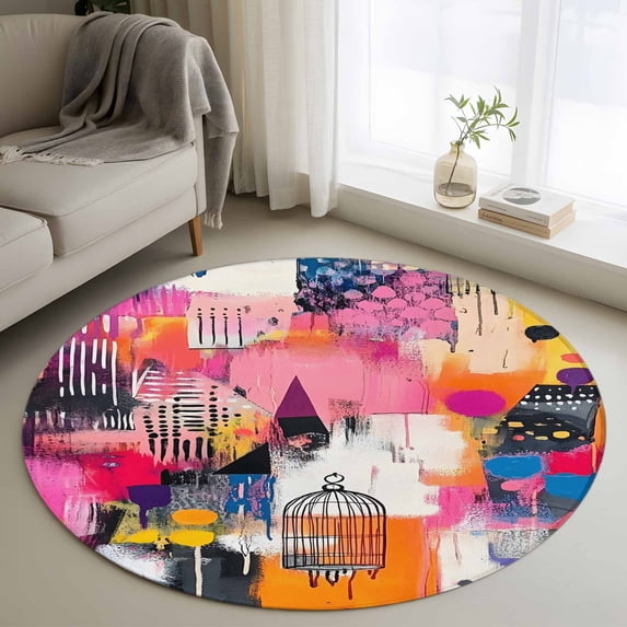 Round Rugs 3.3Ft, Pink Orange Round Area Rug Washable Indoor Throw Carpet, Modern Oil Painted Artwork Soft Non Slip Circle Rug for Laundry Room Patio Home Decor Aesthetic