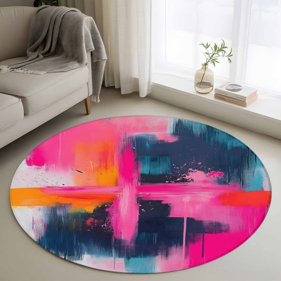 Round Rugs 3.3Ft, Pink Teal Black Round Area Rug Washable Indoor Throw Carpet, Modern Oil Painting Contemporary Soft Non Slip Circle Rug for Laundry Room Patio Home Decor Aesthetic