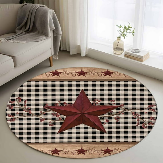 Round Rugs 3.3Ft, Red Texas Star Farmhouse Round Area Rug Washable Indoor Throw Carpet, Black Plaid Berry Country Soft Non Slip Circle Rug for Laundry Room Patio Home Decor Aesthetic