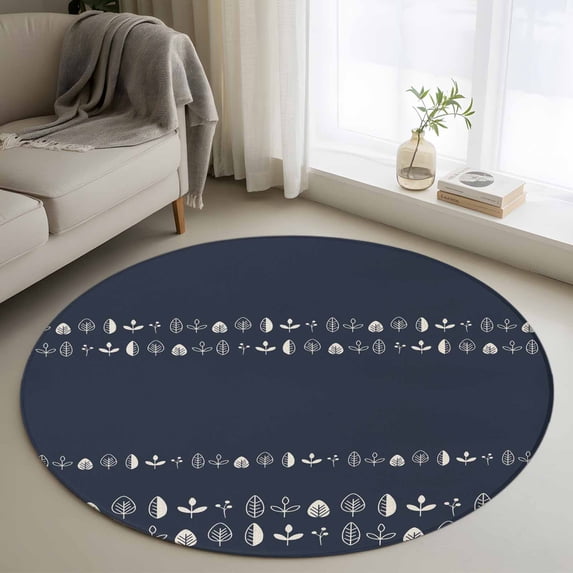 Round Rugs 3.3Ft, Rustic Botanical Round Area Rug Washable Indoor Throw Carpet, Japanese Herb on Black Simple Art Soft Non Slip Circle Rug for Laundry Room Patio Home Decor Aesthetic