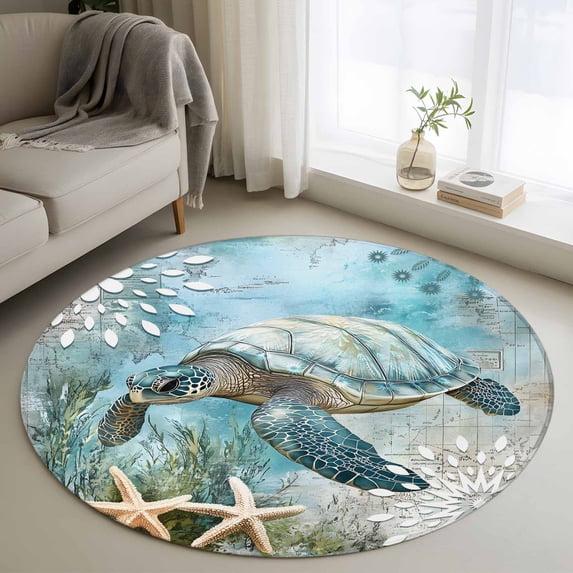Round Rugs 3.3Ft, Sea Turtle Coastal Round Area Rug Washable Indoor Throw Carpet, Summer Beach Teal Coral Starfish Soft Non Slip Circle Rug for Laundry Room Patio Home Decor Aesthetic