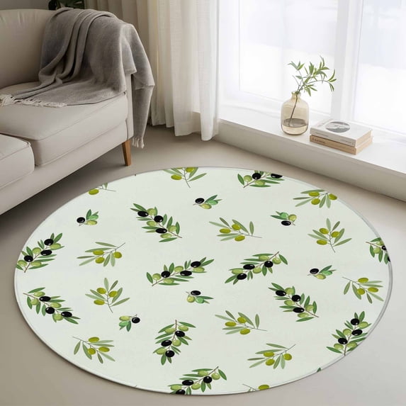 Round Rugs 3.3Ft, Spring Botanical Round Area Rug Washable Indoor Throw Carpet, Green Olive Berry Branches Leaves Fruit Soft Non Slip Circle Rug for Laundry Room Patio Home Decor Aesthetic
