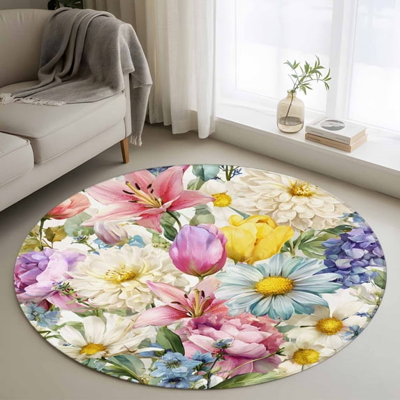 Round Rugs 3.3Ft, Spring Floral Round Area Rug Washable Indoor Throw Carpet, Farmhouse Elegant Flowers Watercolor Soft Non Slip Circle Rug for Laundry Room Patio Home Decor Aesthetic