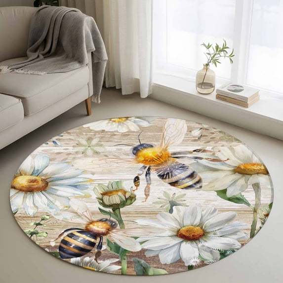 Round Rugs 3.3Ft, Summer Botanical Round Area Rug Washable Indoor Throw Carpet, White Daisy Botanical Bee Rustic Soft Non Slip Circle Rug for Laundry Room Patio Home Decor Aesthetic