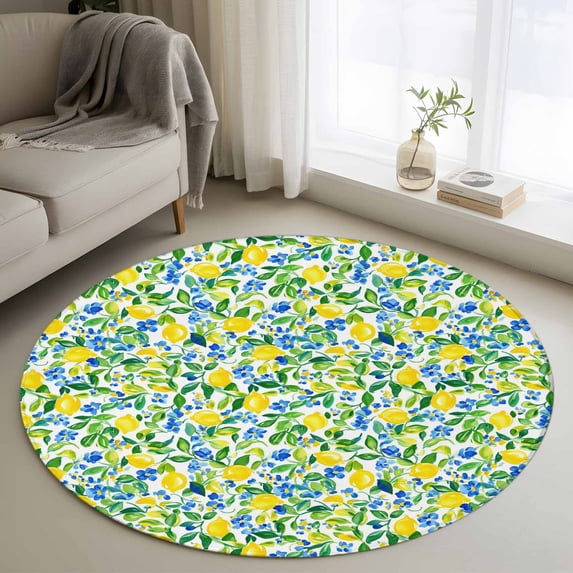 Round Rugs 3.3Ft, Summer Lemon Round Area Rug Washable Indoor Throw Carpet, Green Botanical Blue Flowers Soft Non Slip Circle Rug for Laundry Room Patio Home Decor Aesthetic