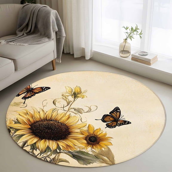 Round Rugs 3.3Ft, Sunflower Round Area Rug Washable Indoor Throw Carpet, Retro Butterfly Spring Floral Botanical Soft Non Slip Circle Rug for Laundry Room Patio Home Decor Aesthetic