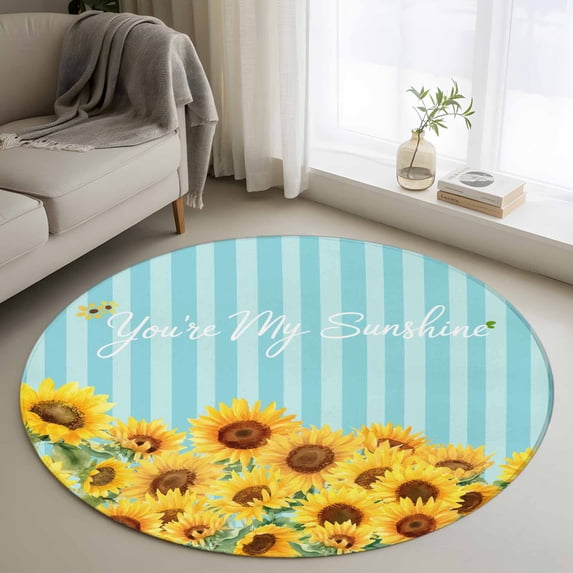 Round Rugs 3.3Ft, Sunflower Round Area Rug Washable Indoor Throw Carpet, Yellow Summer Botanical Blue Striped Farmhouse Soft Non Slip Circle Rug for Laundry Room Patio Home Decor Aesthetic
