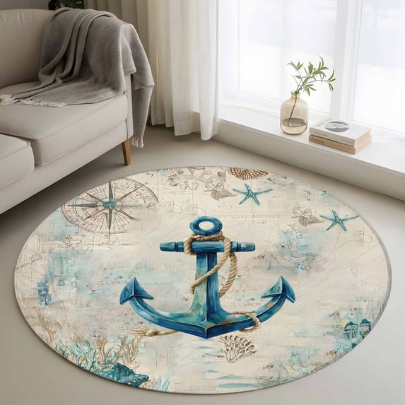 Round Rugs 3.3Ft, Teal Anchors Coastal Round Area Rug Washable Indoor Throw Carpet, Vintage Summer Beach Nautical Soft Non Slip Circle Rug for Laundry Room Patio Home Decor Aesthetic