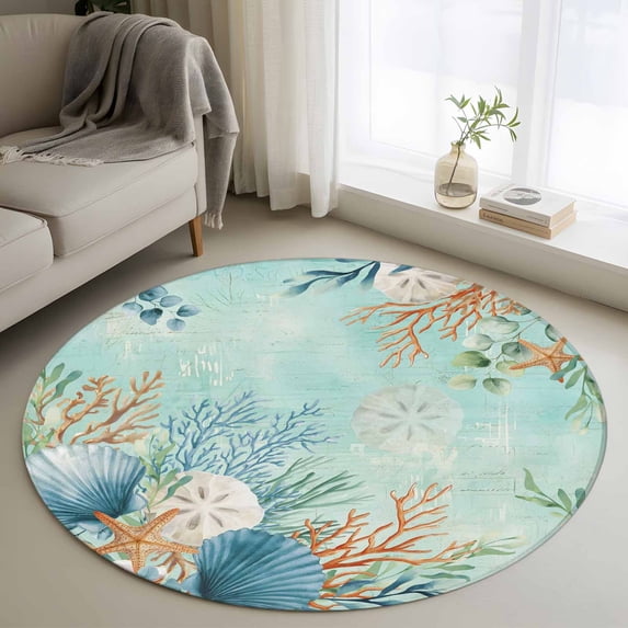Round Rugs 3.3Ft, Teal Beach Coastal Round Area Rug Washable Indoor Throw Carpet, Summer Nautical Coral Shell Botanical Soft Non Slip Circle Rug for Laundry Room Patio Home Decor Aesthetic