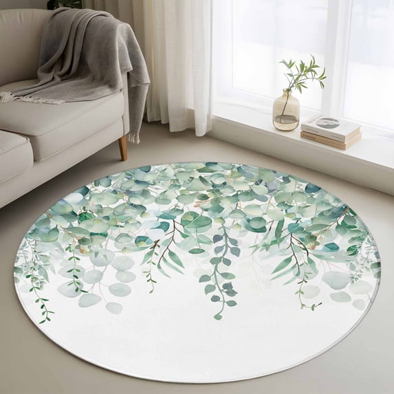 Round Rugs 3.3Ft, Teal Eucalyptus Leaves Round Area Rug Washable Indoor Throw Carpet, Spring Floral Summer Botanical Soft Non Slip Circle Rug for Laundry Room Patio Home Decor Aesthetic
