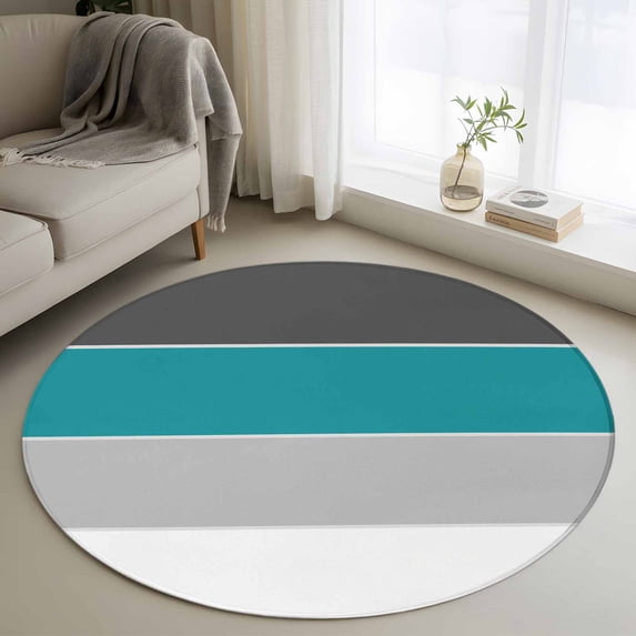 Round Rugs 3.3Ft, Teal Grey Striped Round Area Rug Washable Indoor Throw Carpet, Farmhouse Modern Soft Non Slip Circle Rug for Laundry Room Patio Home Decor Aesthetic