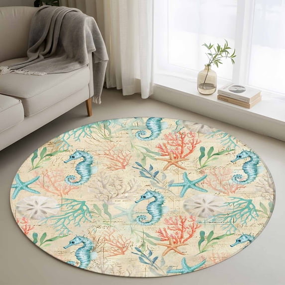 Round Rugs 3.3Ft, Teal Red Coastal Round Area Rug Washable Indoor Throw Carpet, Nautical Seahorse Beach Coral Starfish Beige Soft Non Slip Circle Rug for Laundry Room Patio Home Decor Aesthetic