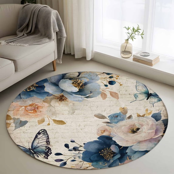 Round Rugs 3.3Ft, Vintage Blue Floral Round Area Rug Washable Indoor Throw Carpet, Butterflies Watercolor Flower Tan Soft Non Slip Circle Rug for Laundry Room Patio Home Decor Aesthetic