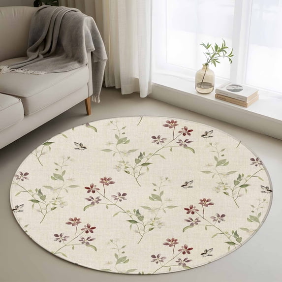 Round Rugs 3.3Ft, Vintage Botanical Round Area Rug Washable Indoor Throw Carpet, Spring Floral Summer Birds Teal Brown Soft Non Slip Circle Rug for Laundry Room Patio Home Decor Aesthetic