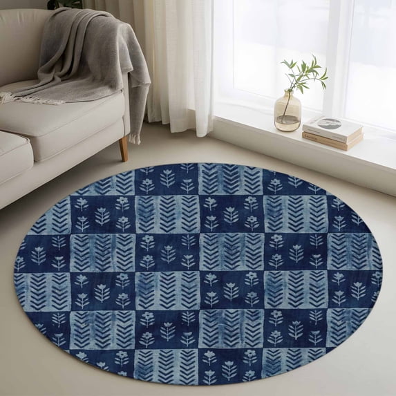Round Rugs 3.3Ft, Vintage Floral Round Area Rug Washable Indoor Throw Carpet, Abstract Flowers Patchwork Country Navy Blue Soft Non Slip Circle Rug for Laundry Room Patio Home Decor Aesthetic