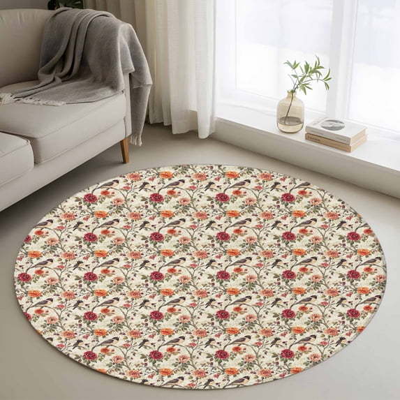 Round Rugs 3.3Ft, Vintage Red Orange Botanical Round Area Rug Washable Indoor Throw Carpet, Spring Floral Summer Birds Soft Non Slip Circle Rug for Laundry Room Patio Home Decor Aesthetic