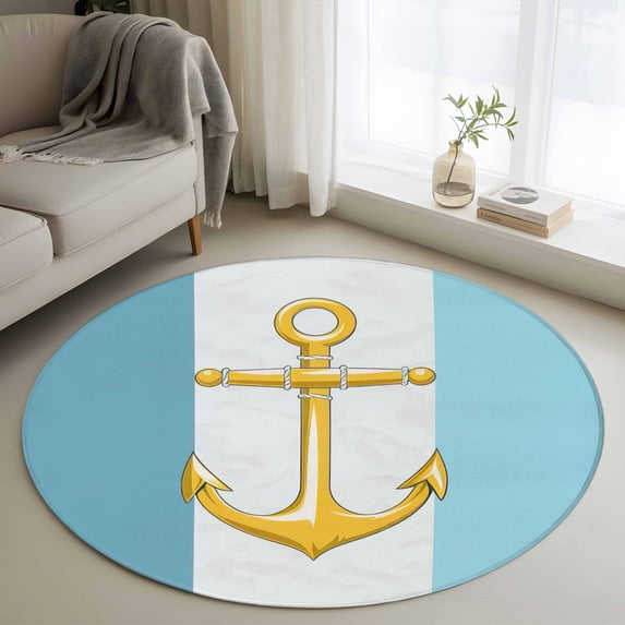 Round Rugs 3.3Ft, Yellow Anchor Nautical Round Area Rug Washable Indoor Throw Carpet, Aqua White Striped Soft Non Slip Circle Rug for Laundry Room Patio Home Decor Aesthetic
