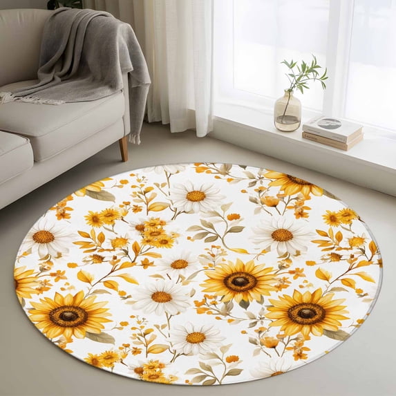 Round Rugs 3.3Ft, Yellow Sunflower Round Area Rug Washable Indoor Throw Carpet, Spring Summer Floral Botanical Vintage Soft Non Slip Circle Rug for Laundry Room Patio Home Decor Aesthetic