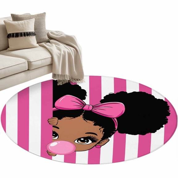 Round Rugs 3 Ft, African Girl Non Slip Area Rugs for Kitchen Bedroom Entryway, Afro American Black Girl with Bubble Pink Stripes Washable Carpet Runner Rug Floor Mats for Bedroom Home Decor