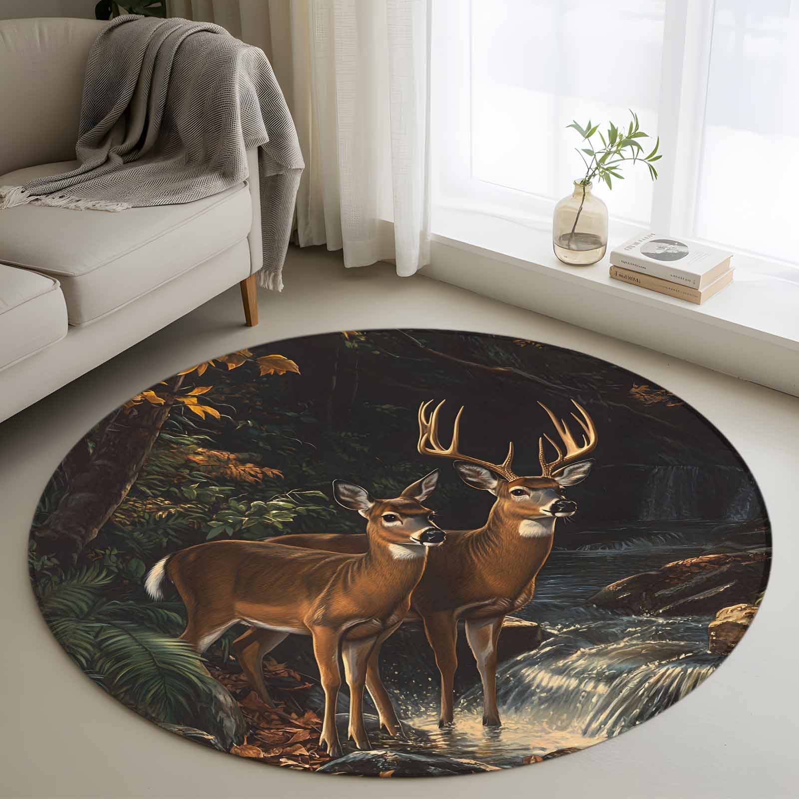Round Rugs 3 Ft, Autumn Deer Non Slip Area Rugs for Kitchen Bedroom Entryway, Forest River Elk Vintage Washable Carpet Runner Rug Floor Mats for Bedroom Home Decor