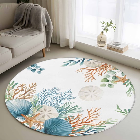 Round Rugs 3 Ft, Beach Coastal Non Slip Area Rugs for Kitchen Bedroom Entryway, Summer Nautical Coral Shell Botanical Washable Carpet Runner Rug Floor Mats for Bedroom Home Decor