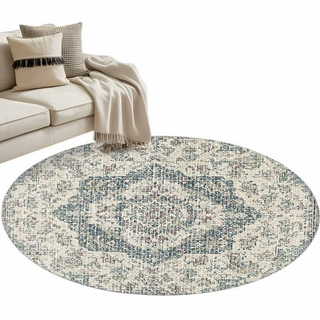 Round Rugs 3 Ft, Beige Boho Floral Non Slip Area Rugs for Kitchen Bedroom Entryway, Medieval Vintage Ethnic Flower Abstract Washable Carpet Runner Rug Floor Mats for Bedroom Home Decor