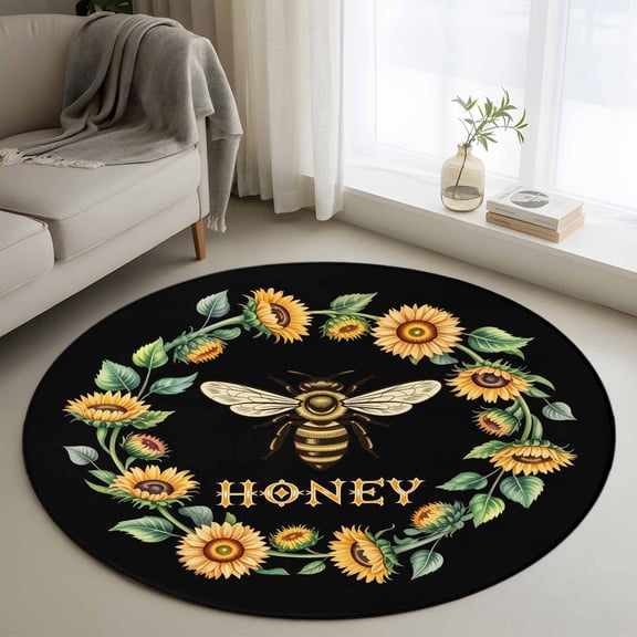 Round Rugs 3 Ft, Black Sunflowers Bees Non Slip Area Rugs for Kitchen Bedroom Entryway, Farmhouse Honey Floral Rings Washable Carpet Runner Rug Floor Mats for Bedroom Home Decor