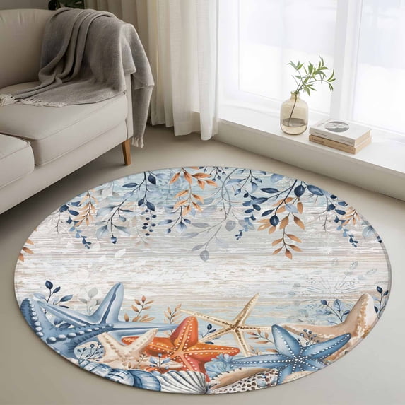 Round Rugs 3 Ft, Blue Coastal Non Slip Area Rugs for Kitchen Bedroom Entryway, Summer Beach Starfish Weeping Eucalyptus Vintage Washable Carpet Runner Rug Floor Mats for Bedroom Home Decor