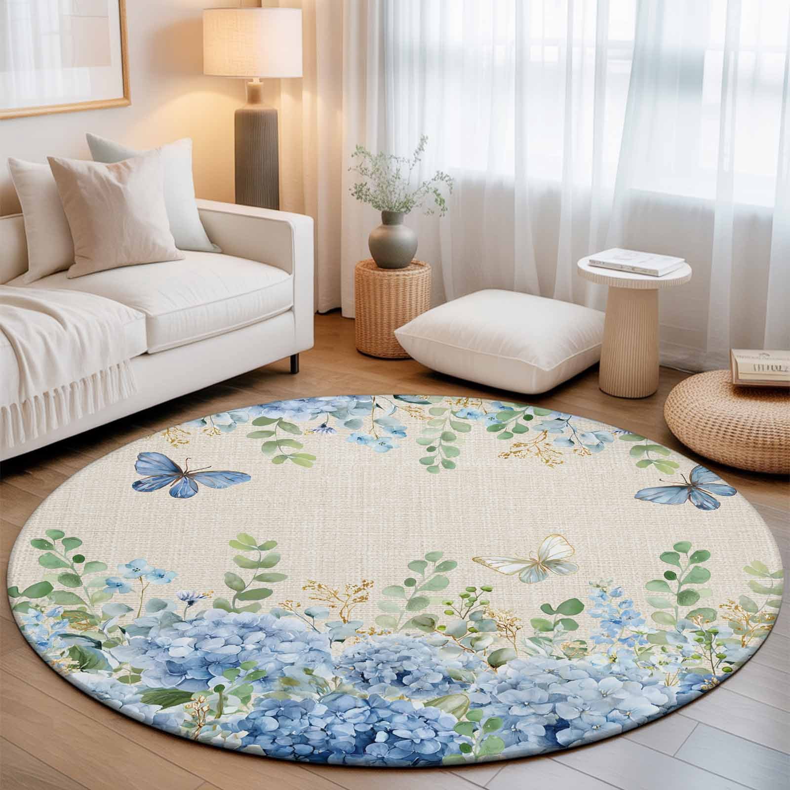 Round Rugs 3 Ft, Blue Hydrangea Non Slip Area Rugs for Kitchen Bedroom Entryway, Spring Summer Eucalyptus Vintage Beige Washable Carpet Runner Rug Floor Mats for Bedroom Home Decor
