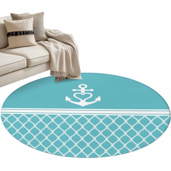 Round Rugs 3 Ft, Blue Morocco Non Slip Area Rugs for Kitchen Bedroom Entryway, Modern Geometric Nautical Anchor Stripe Washable Carpet Runner Rug Floor Mats for Bedroom Home Decor