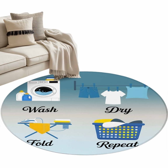 Round Rugs 3 Ft, Blue Ombre Laundry Non Slip Area Rugs for Kitchen Bedroom Entryway, Wash Dry Fold Repeat Washable Carpet Runner Rug Floor Mats for Bedroom Home Decor