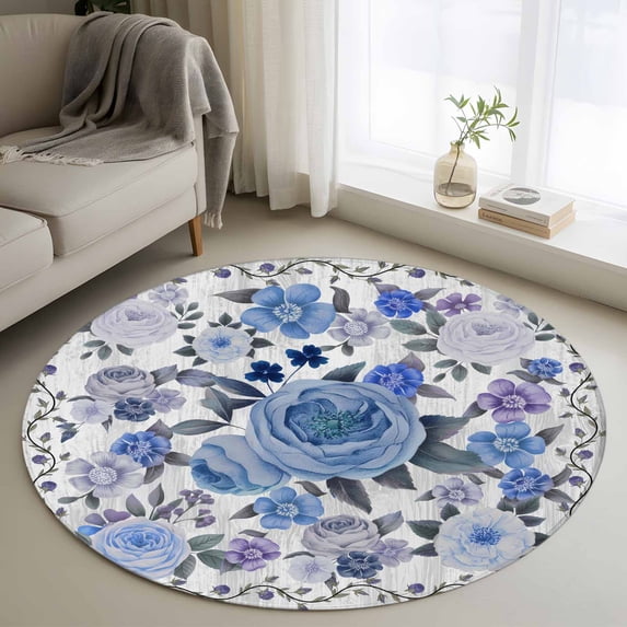 Round Rugs 3 Ft, Boho Blue Flower Non Slip Area Rugs for Kitchen Bedroom Entryway, Spring Watercolor Country Floral Plant Washable Carpet Runner Rug Floor Mats for Bedroom Home Decor