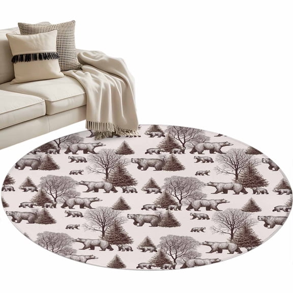 Round Rugs 3 Ft, Brown Bear Non Slip Area Rugs for Kitchen Bedroom Entryway, Hunting Bear Forest Wildlife Animals Vintage Washable Carpet Runner Rug Floor Mats for Bedroom Home Decor