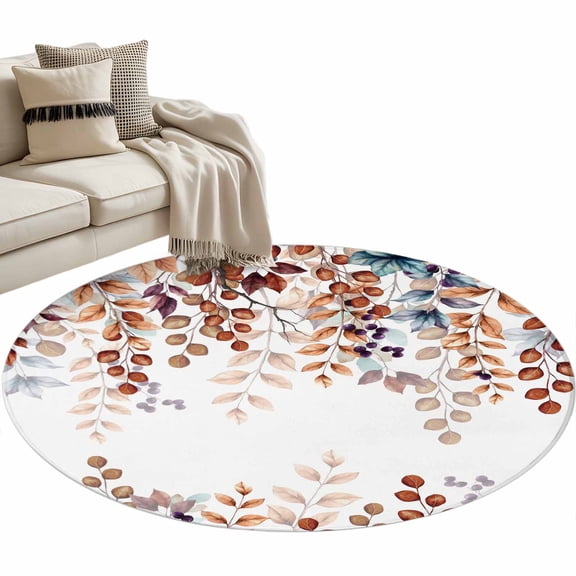 Round Rugs 3 Ft, Brown Eucalyptus Fall Non Slip Area Rugs for Kitchen Bedroom Entryway, Botanical Weeping Leaves Pastoral Washable Carpet Runner Rug Floor Mats for Bedroom Home Decor