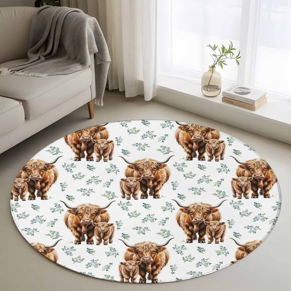 Round Rugs 3 Ft, Brown Yak Non Slip Area Rugs for Kitchen Bedroom Entryway, Spring Green Ferns Leaves Country Animals Washable Carpet Runner Rug Floor Mats for Bedroom Home Decor
