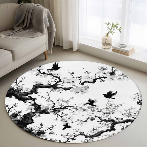 Round Rugs 3 Ft, Chinese Painting Non Slip Area Rugs for Kitchen Bedroom Entryway, Traditional Culture Cool Bird Tree Branch Washable Carpet Runner Rug Floor Mats for Bedroom Home Decor